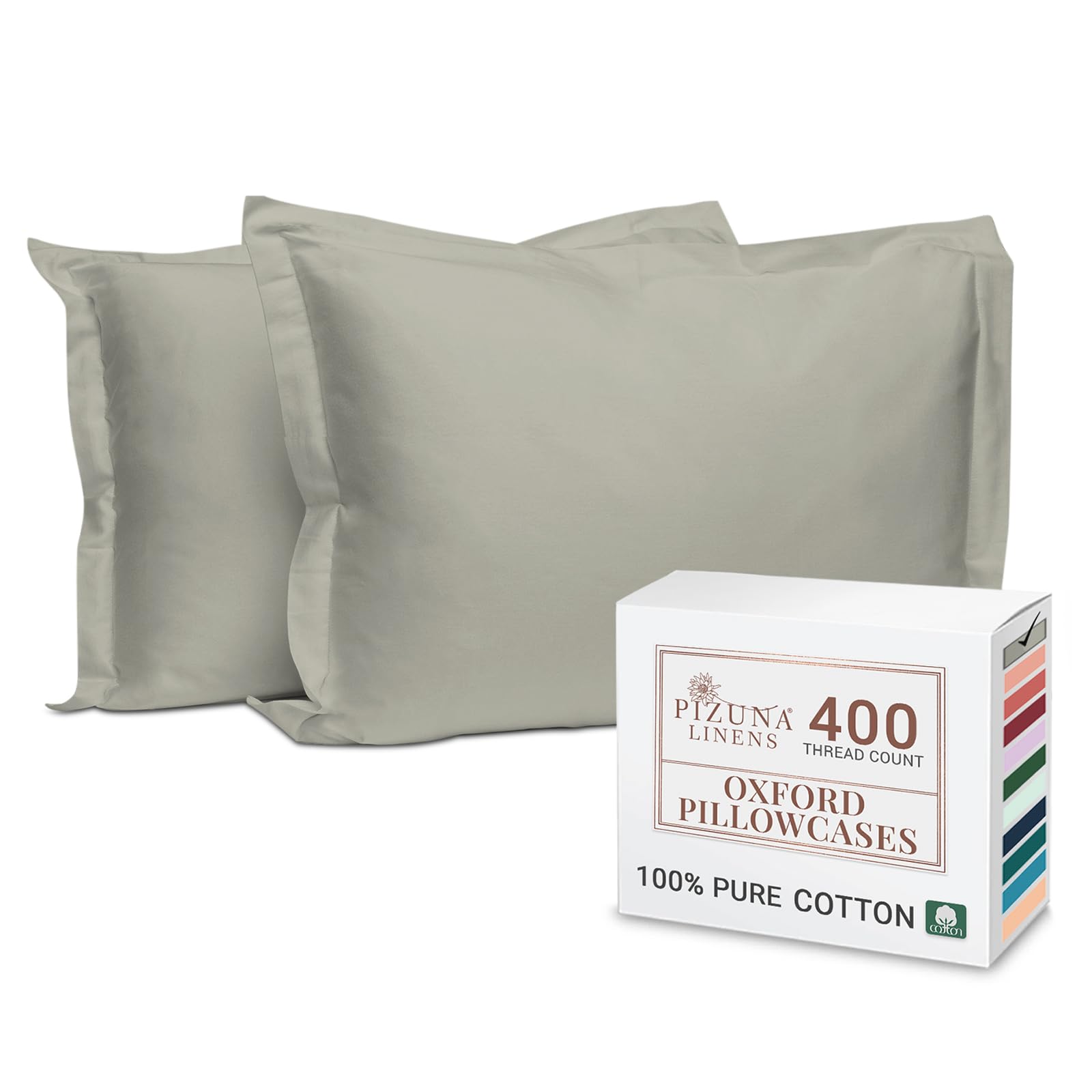 Pizuna Pure Combed Cotton Standard Pillow Cases 50x75 cm Silver, 400 Thread Count Soft Luxurious 100% Long Staple Cotton Sateen Weave Pillow Cover With 5cm Hem (Cooling Pillowcase - 2 PC)