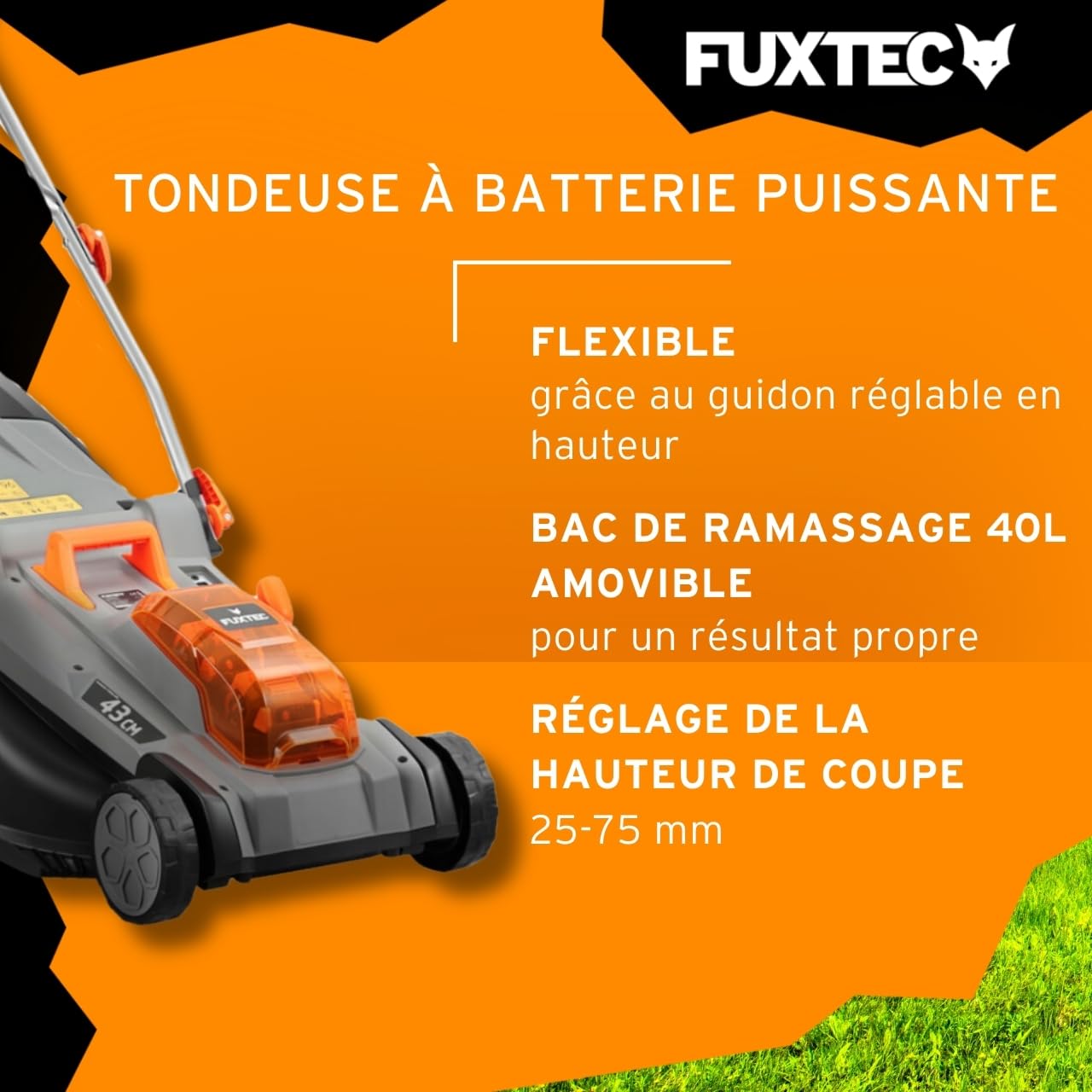 FUXTEC Tondeuse à Gazon sans Fil 40V (2x20V) E2RM43 Set Batteries et Chargeur - Largeur De Coupe 43cm, 40L