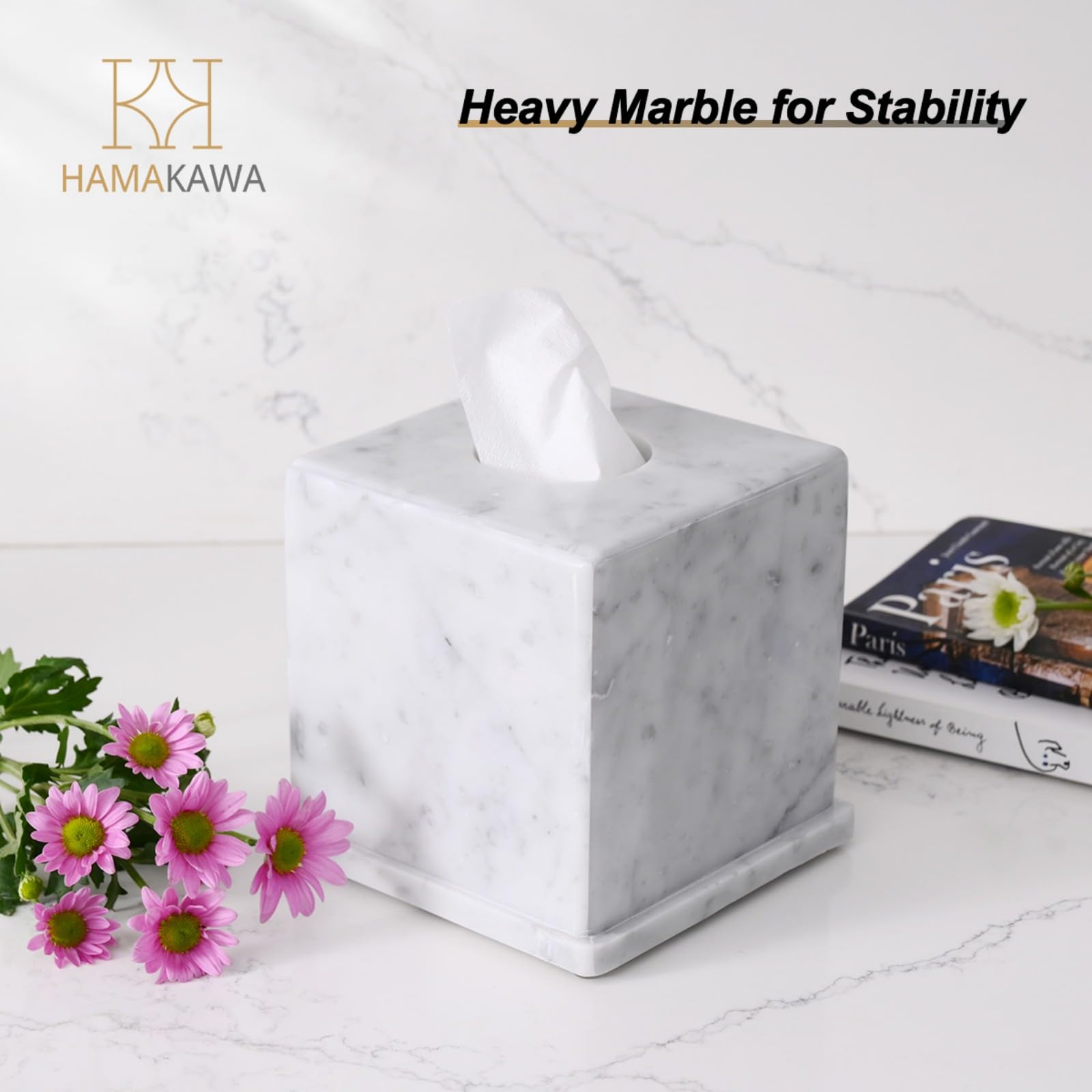 Boite a Mouchoir Marbre Naturel, Blanc Carrara Boite Mouchoirs Design 15x15x14,5 cm, Rangement Decoratif Pierre Lourde, Rangement Carré pour Cuisine, Salle de Bains, Chambre