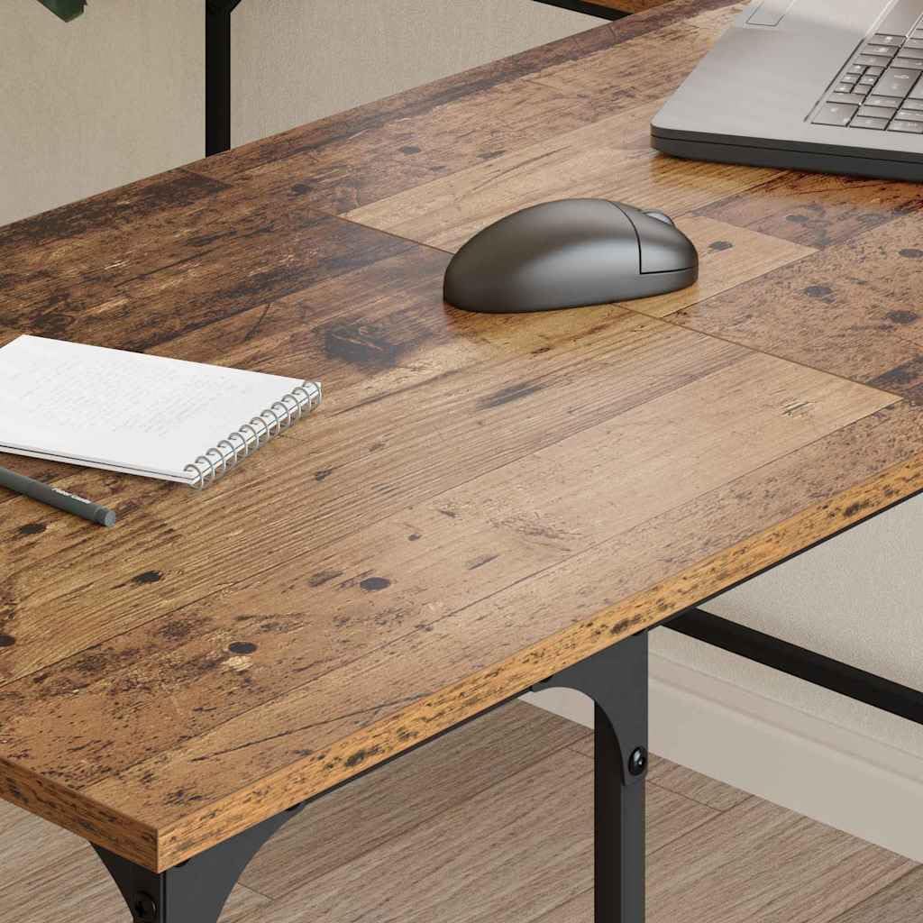 Escritorio de madera recuperada en forma de L, 139 x 139 x 75 cm, madera con patas de acero, altura regulable, con estante y cajón, espacio de trabajo ergonómico para oficina, oficina en casa