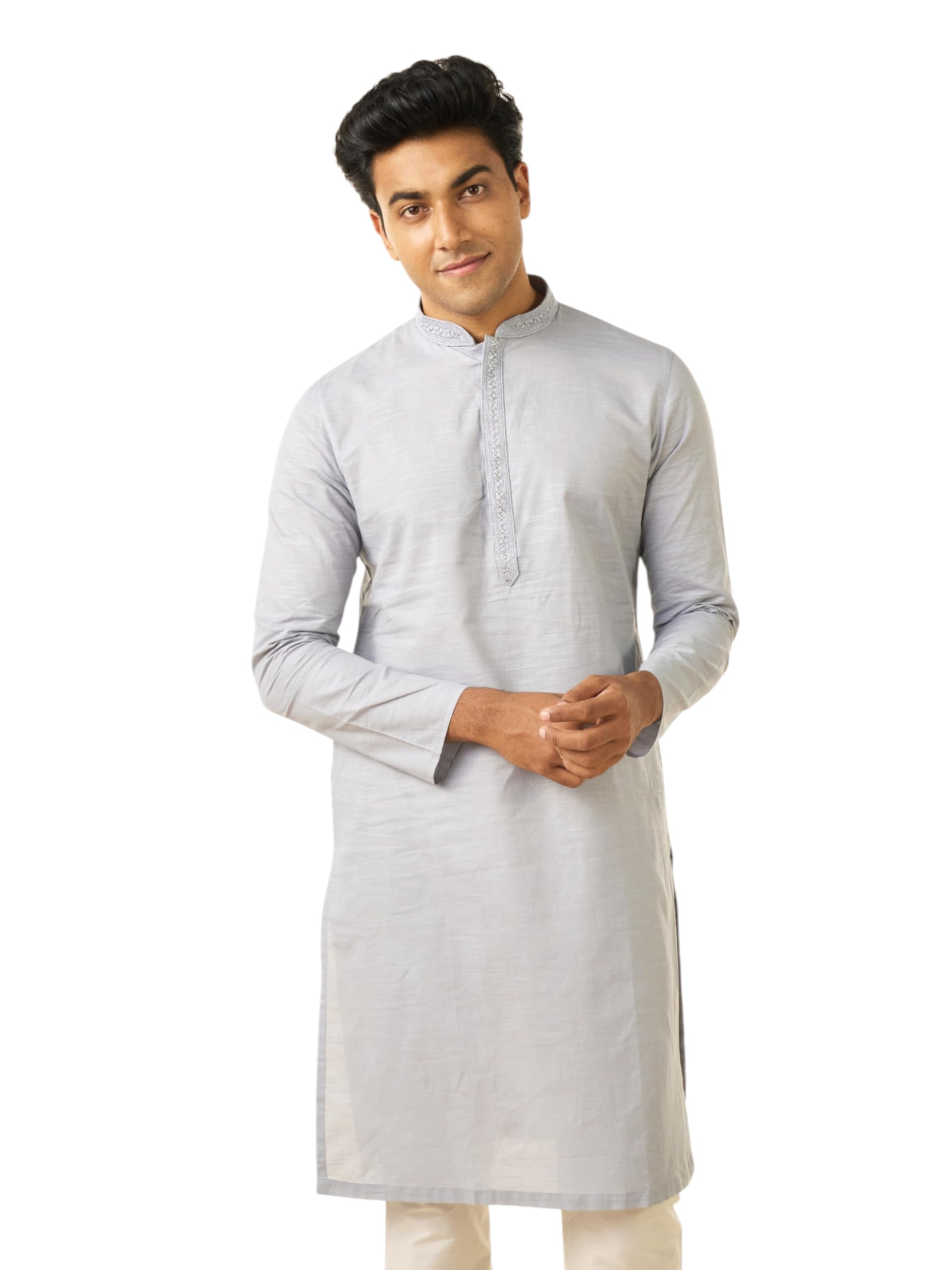 diwas by manyavar Men's Cotton Solid Neckline Embroidered Kurta (1pc)-picture-18