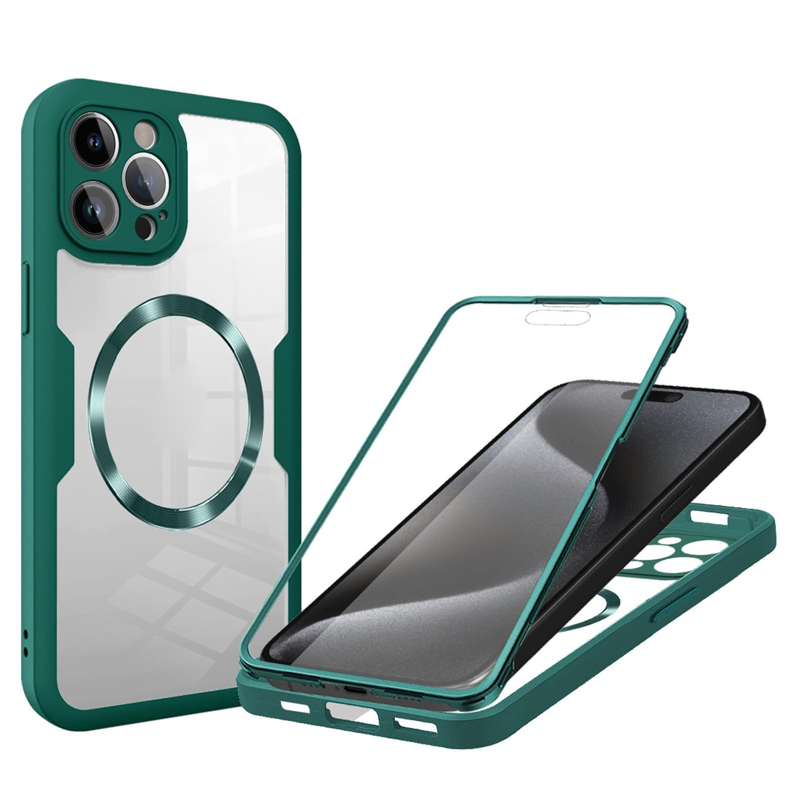 Case for iPhone 16 Pro Max/16 Pro/16 Plus/16, Built-in Screen Protector, Full Body Protective Two-Sided Transparent Magnetic Phone Case (Green, 16 Plus)