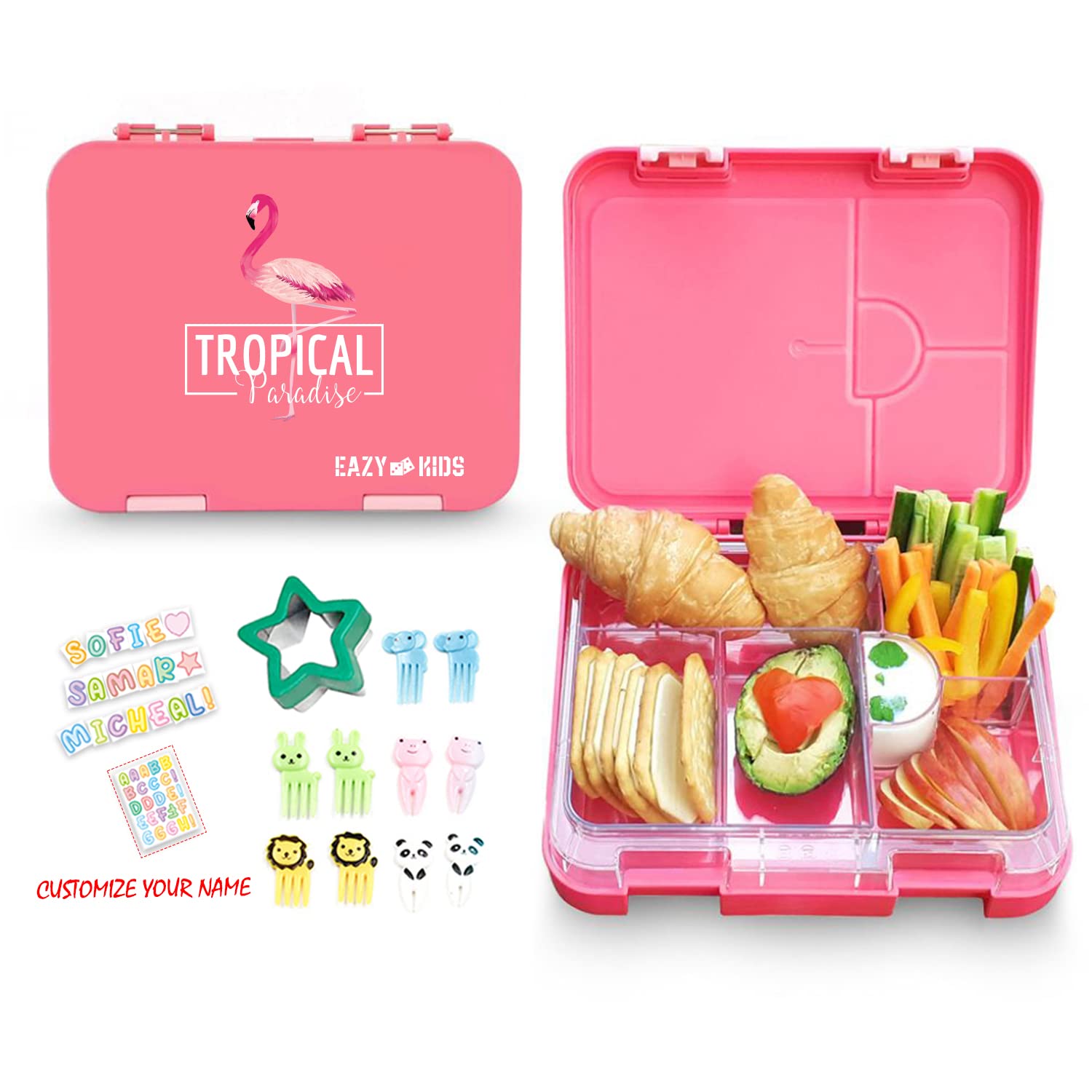 Eazy Kids Bento Lunch Box w/Sandwich Cutter Set, Microwave, dishwasher safe, Back to School, BPA Free, Durable, Leak Proof,Tiffin Flamingo Pink, 6 & 4 Convertible Compartment