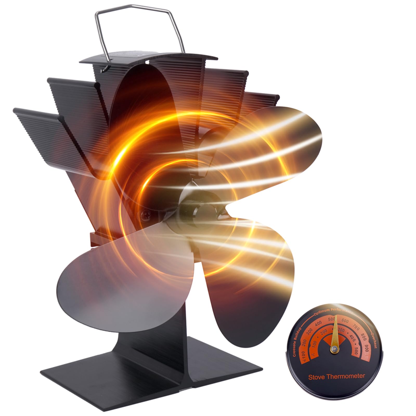 Wula Stove Fan, 4 Blades Log Burner Fan, Wood Stove Fan with Magnetic Thermometer, Wood Burning Stove Fan Heat Powered Fireplace Burner Fan, Silent Operation, Eco Friendly Circulation -Non Electric