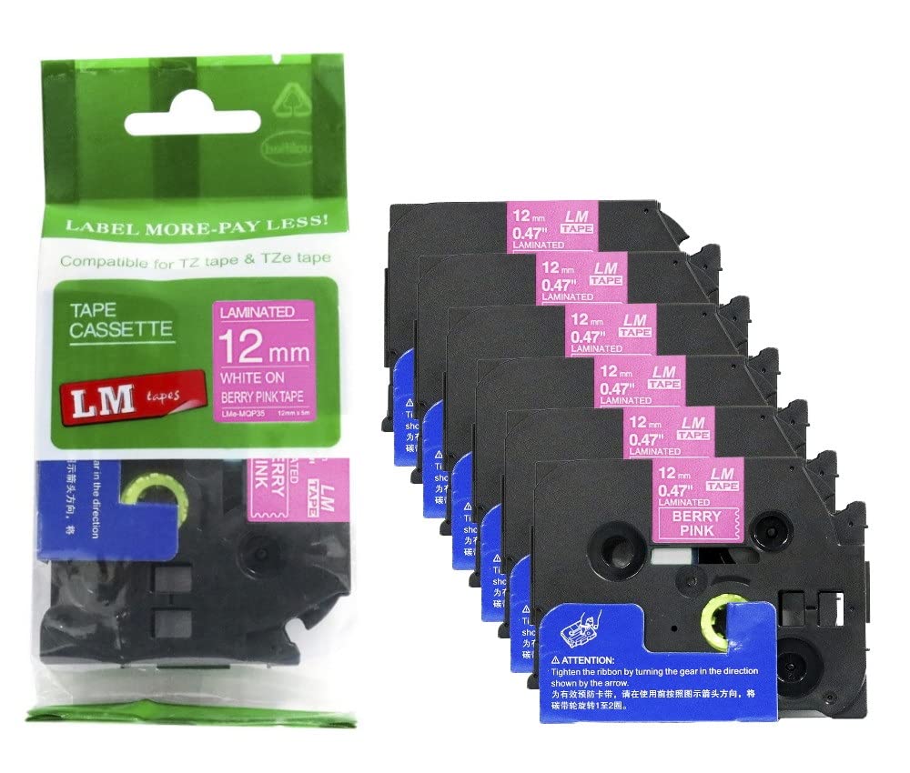 6/Pack LM Tapes - LMe-MQP35 Premium 1/2" White Print on Berry Pink Label Compatible with Ptouch TZe-MQP35 Tape TZMQP35 and Includes a Nice Tape Color/