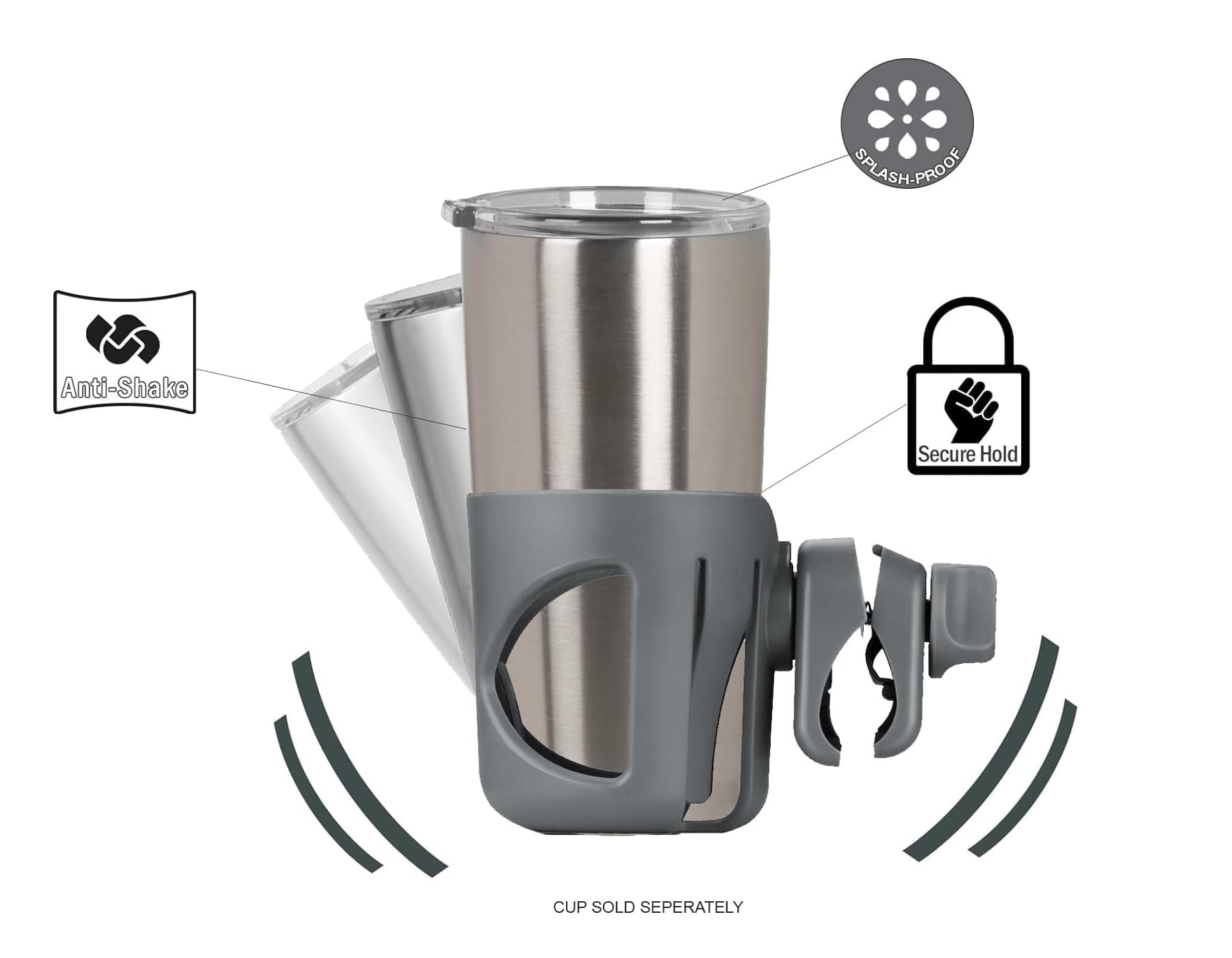 Neuer Getränkehalter, passend für die meisten Rollatoren, Medline usw. (Maximale Griffbreite 1,7 Zoll). Starker, sicherer Sitz. 360 Grad drehbar. Anti-Shake (Grau)