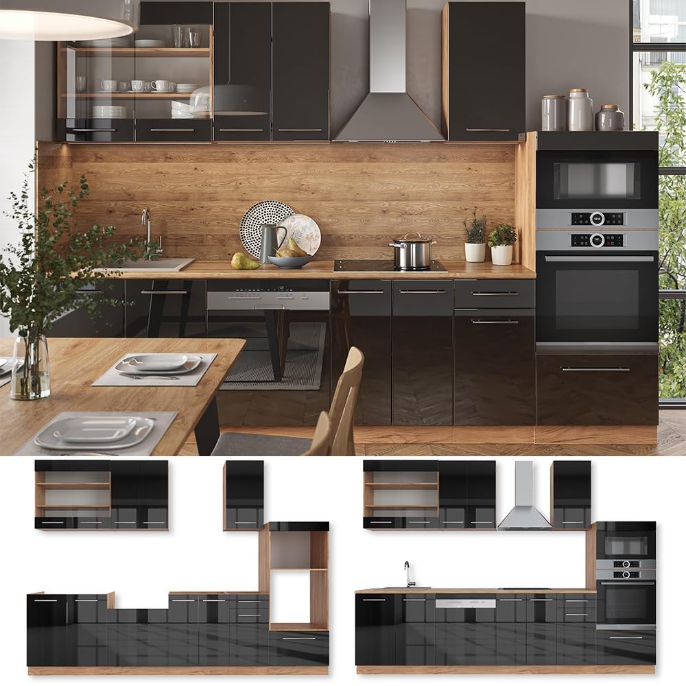 Vicco Cucina componibile Fame-Line Antracite lucido/Rovere 300 cm | con armadio alto, senza piano di lavoro, per l'espansione personalizzata tramite moduli aggiuntivi compatibili