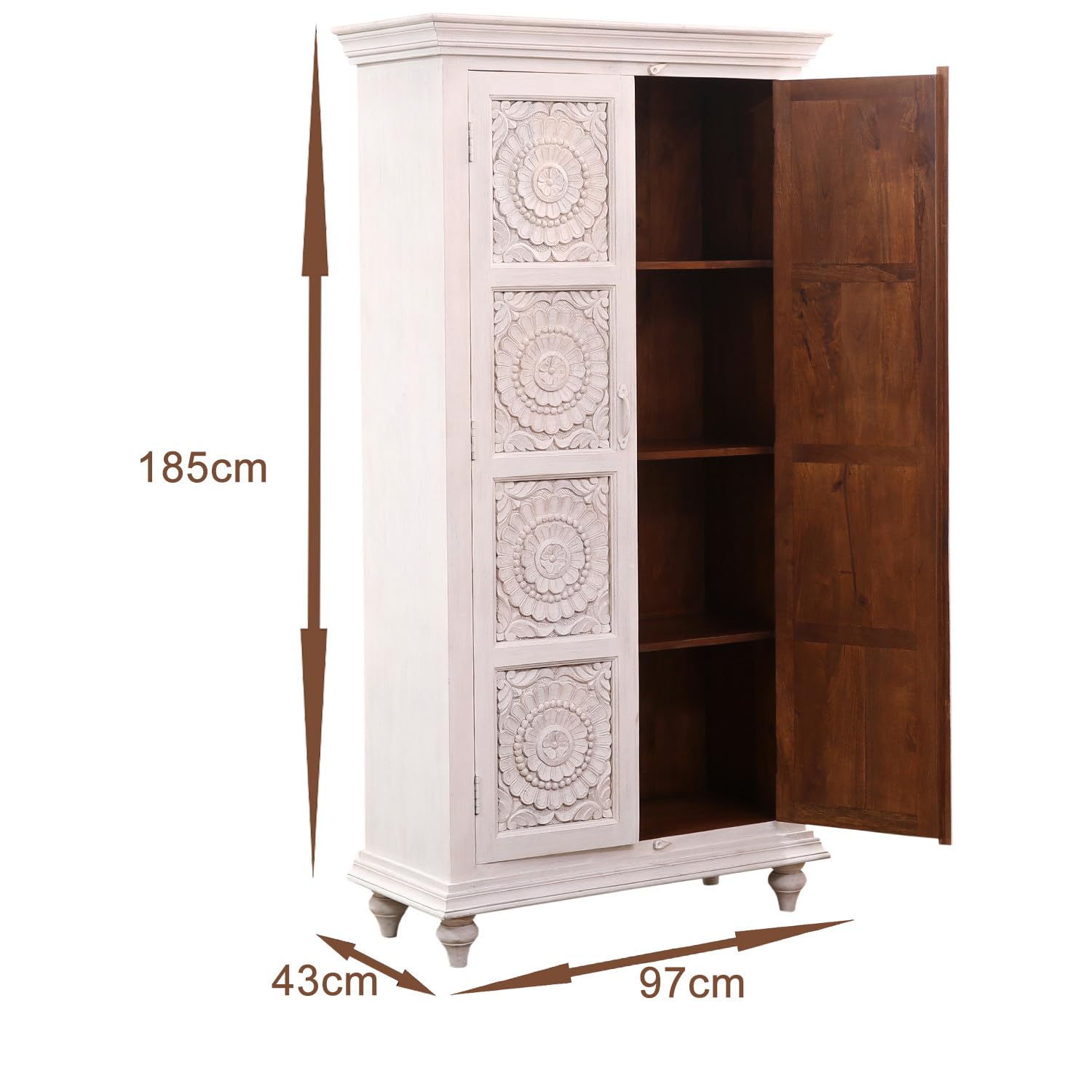 Marrakech Boho Armario en blanco de madera maciza, 185 cm, armario multiusos Haifir para salón, pasillo y dormitorio como muebles orientales, archivador para la oficina