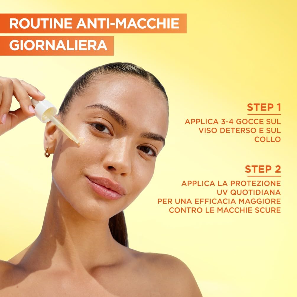Garnier Siero Viso Vitamina C Anti-Macchie, Illuminante e Rimpolpante, Arricchito con Vitamina C, Niacinamide e Acido Salicilico, Pelle Libera dalle Macchie Scure in 6 Giorni, Incarnato Luminoso, 30ml