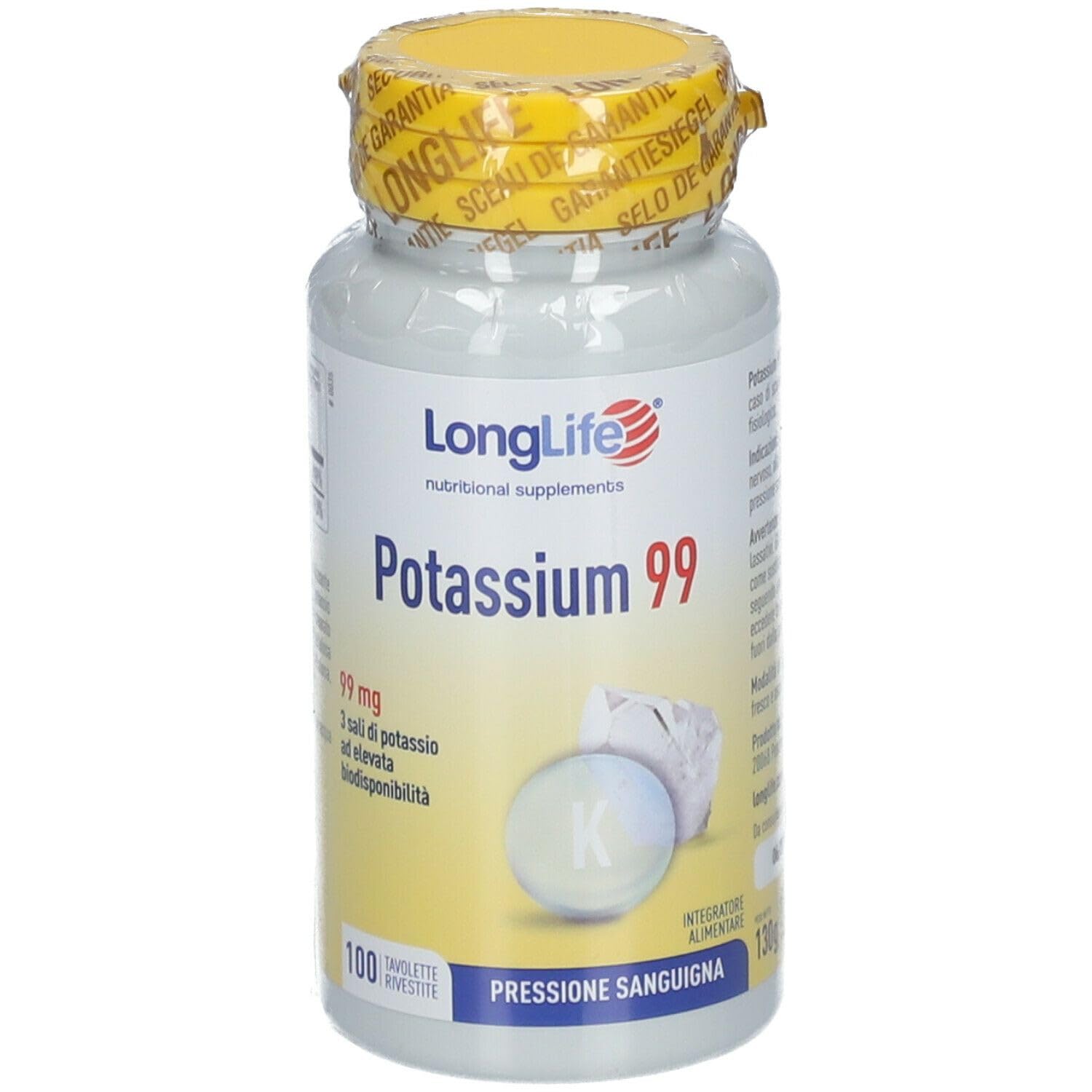 LongLife® Potassium 99 | 3 sali di potassio | Ad alta biodisponibilità | 100 tavolette rivestite | Pressione sanguigna, funzione muscolare e neurologica | Vegano e senza glutine