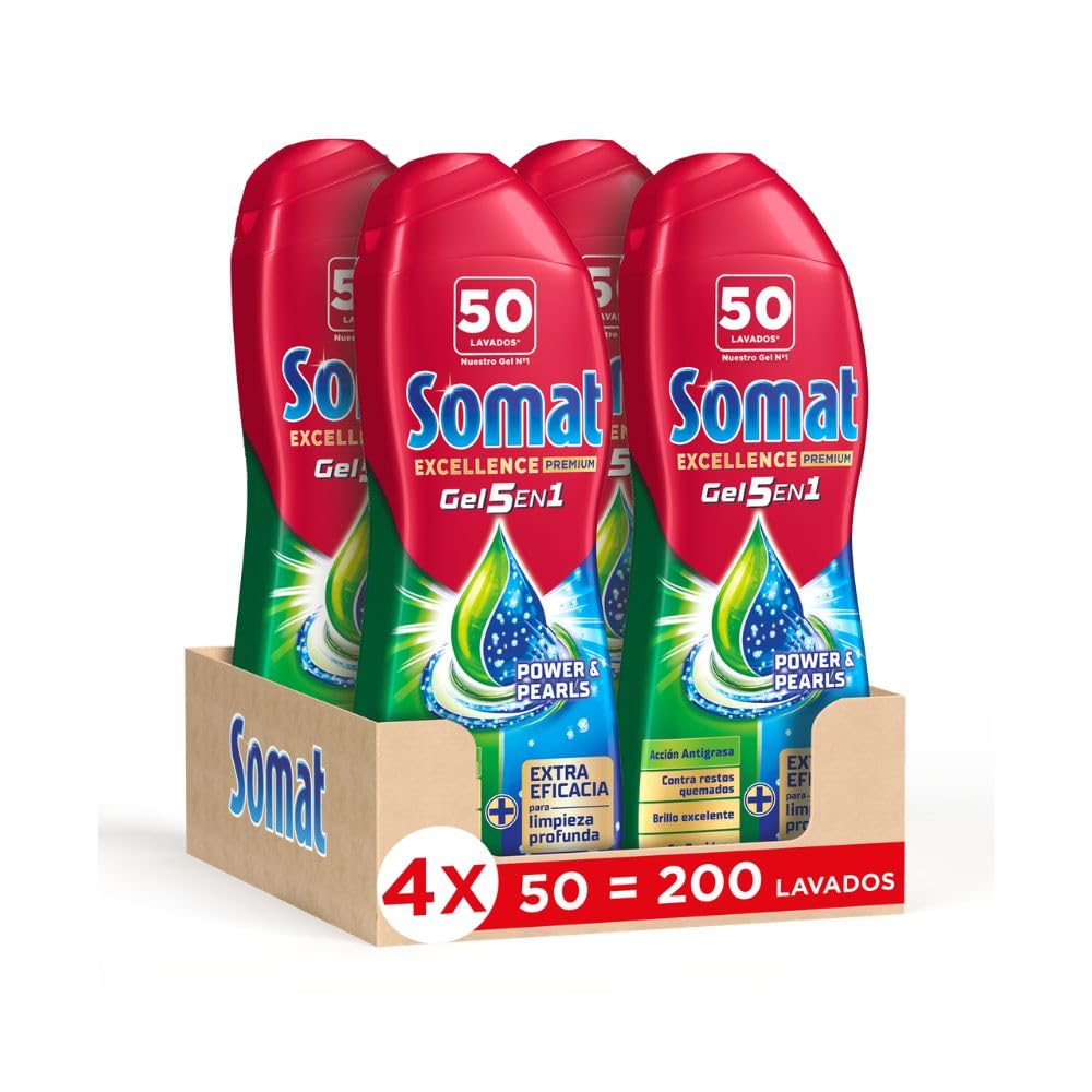Somat Excellence Gel Anti-Grasa 50 Dosis (pack de 4, total: 200 lavados), detergente lavavajillas líquido automático en botella, jabón para platos con desengrasantes activos