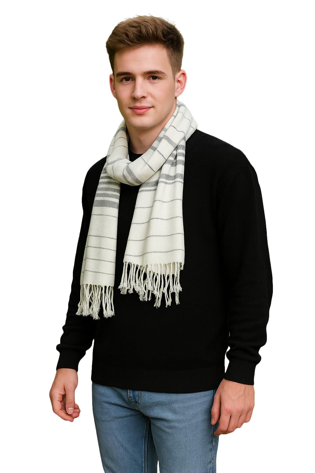 stole/scarf for men's/boys Colour- White soft viscose cotton blend ethnic stripes pattern scarves pack of 1 ST-15