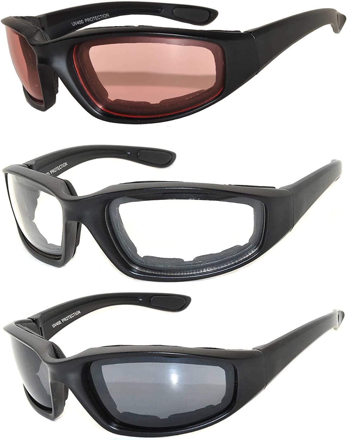 OWL 3 Pack Motorcycle Riding Glasses, Padded Sport Sunglasses, Assorted Colors for Men and Women
