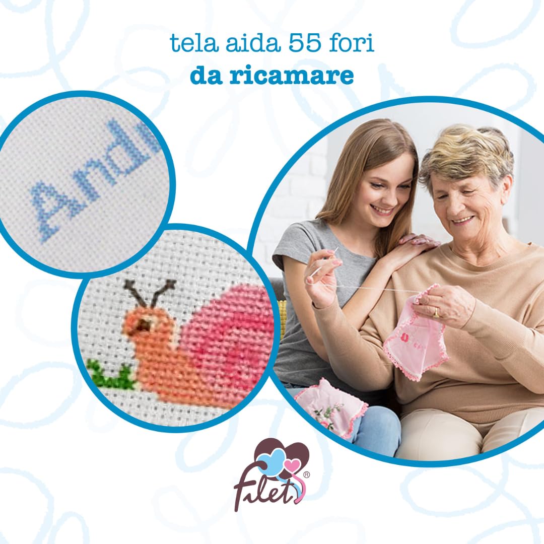 Filet - Fiocco Nascita da Ricamare in Tessuto a Righe Beige con Stelline Pendenti e Cuore in Tela Aida, Ideale per Annunciare la Nascita di un Neonato, Made in Italy