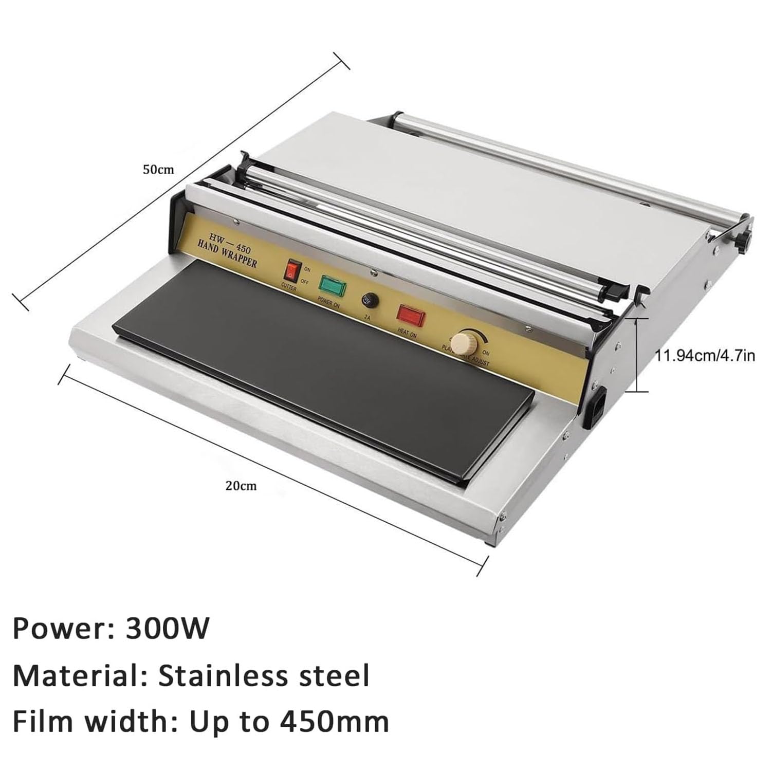 Sellador eléctrico de película adhesiva, máquina de envolver comercial con placa de calefacción y rodillos de acero inoxidable, ajustes ajustables para película de 450 mm de ancho