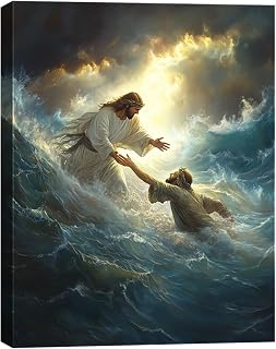 KFYMP Jesus Wall Art – Jesus Rescuing Peter – Christian Canvas Print – Faith-Based Home Decor – 12x16 Inch