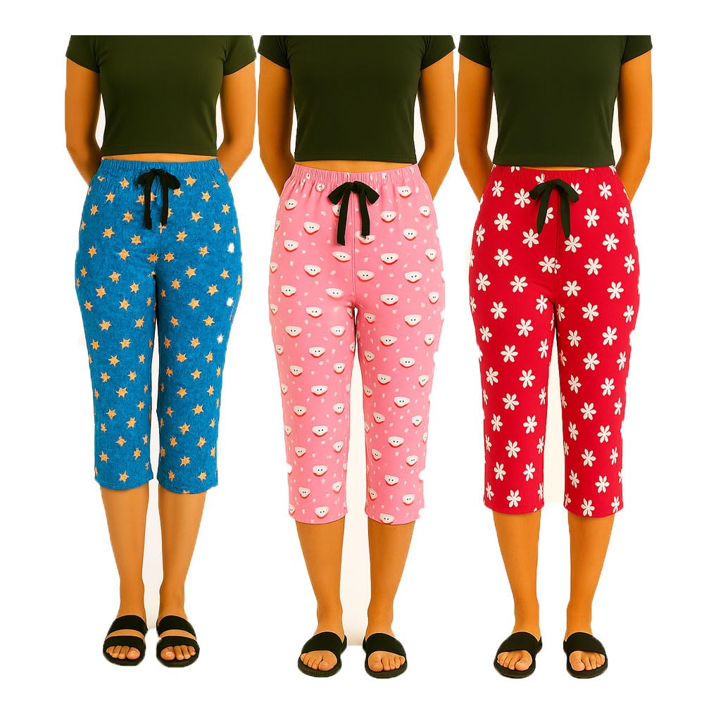 Womens Cotton Lounge NightWear Capri, Printed 3/4th Pyjama For Girls 3Pack-picture-43