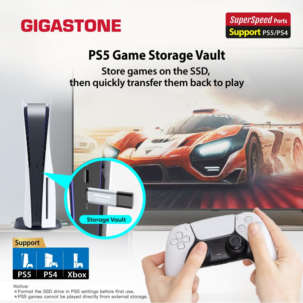 Gigastone SSD Externe 1To USB-A+C jusqu'à 500 Mo/s pour PS5 iPhone16 4K 60fps ProRes USB 3.2 Gén2 Disque Dur SSD Portable pour MacBook iPad PlayStation Xbox Duo Go
