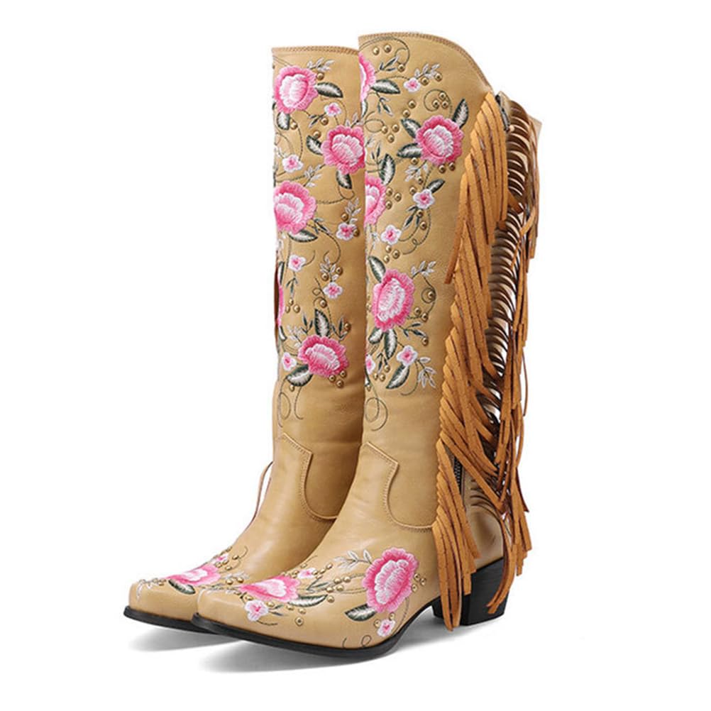 Stivali Western Donna al Ginocchio in Pelle con Ricamo Floreale E Frange Laterali Eleganti per Feste Festival Country