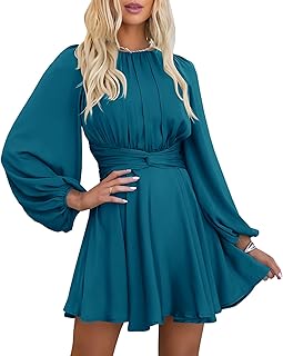 Women's Elegant Satin Long Sleeve Round Neck Wrap Tie Waist Flowy Cocktail Party Mini Dress - Buy now