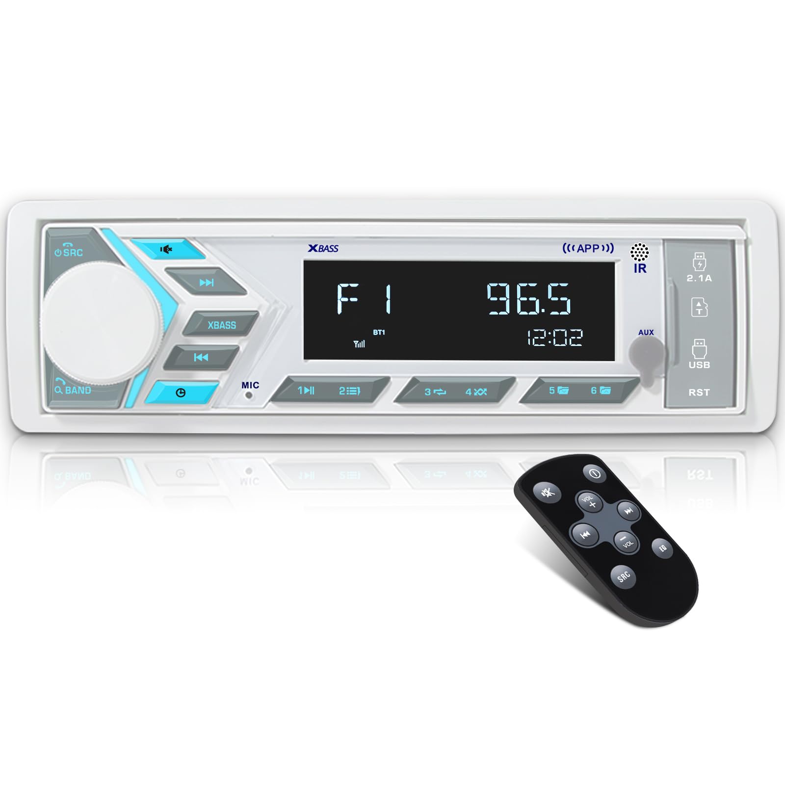 Single Din Marine Radio Bluetooth: Boat Stereo Receiver - Push to Talk Assistant Digital LCD Screen AM FM Tuner 4 Volts Preamp Outputs 2 Subwoofer Ports USB Charging Aux-in Remote Control-image-24
