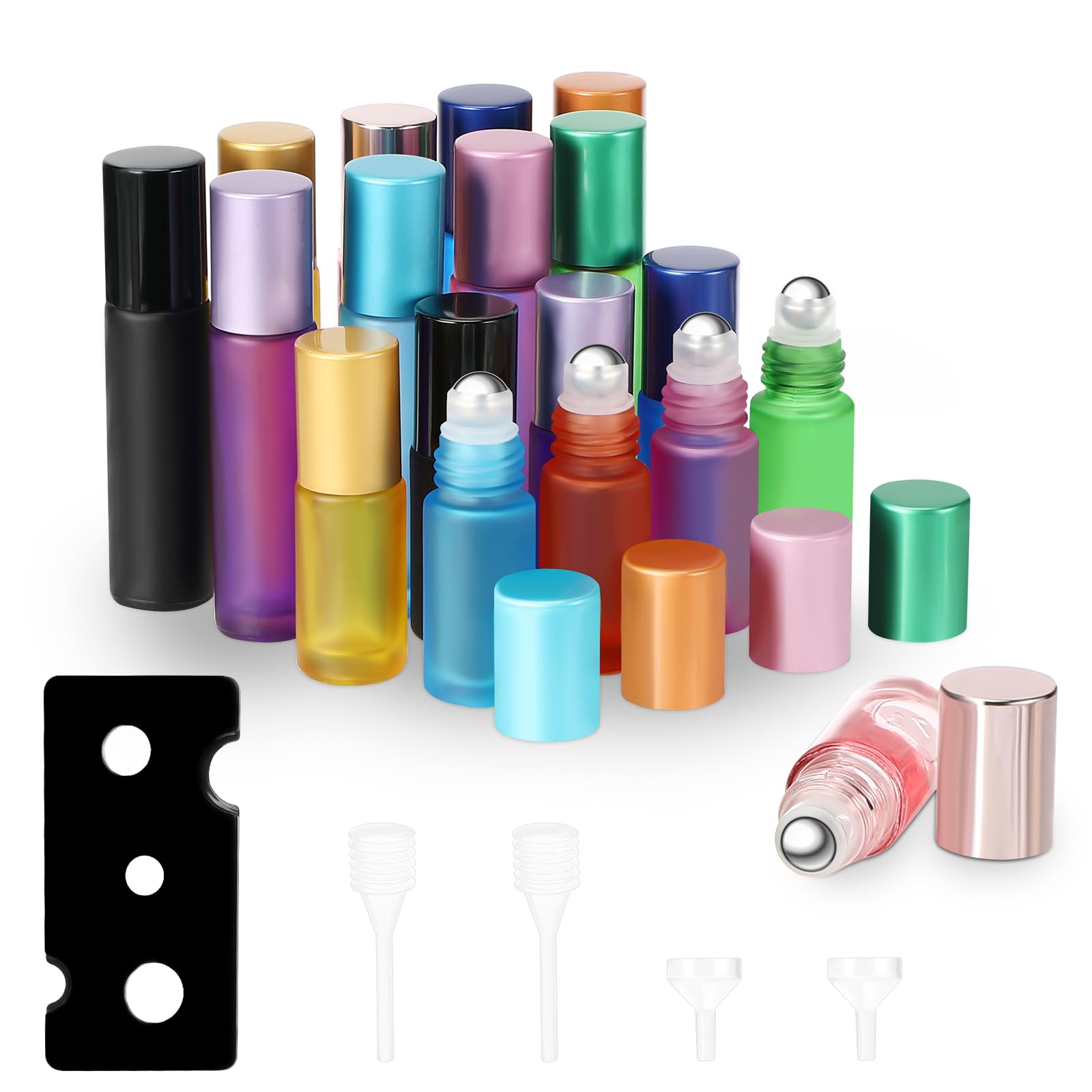 Zikenis 18 Pezzi Bottiglia a Rullo di Olio Essenziale, 10ml 5ml Colore Bottiglie Flaconcini Vuoti con Sfera in Acciaio Inossidabile Cavatappi Imbuto Contagocce, per Olio Essenziale Profumi, Massaggi