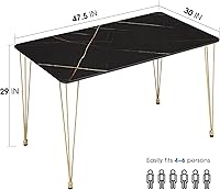 Vista 3 de ivinta Mesa de comedor para 4-6, moderna mesa de comedor de mármol con patas doradas, mesa de comedor rectangular de 47 pulgadas para espacios Negro