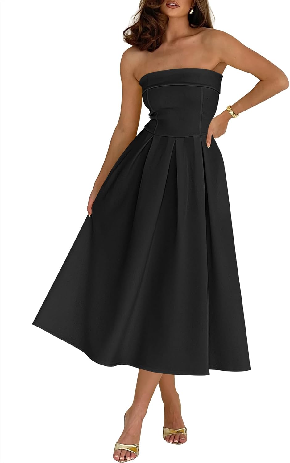 Caracilia Women’s Strapless Semi Formal Midi Dress Summer Tube Top Pleated Flowy Spring Wedding Guest Cocktail Party Dress
