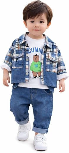 Toddler Boys Outfit Set, Jean Jacket with Bear Print T-Shirt and Jeans, 3-Piece