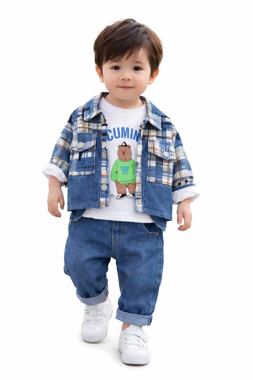 Toddler Boys Outfit Set, Jean Jacket with Bear Print T-Shirt and Jeans, 3-Piece
