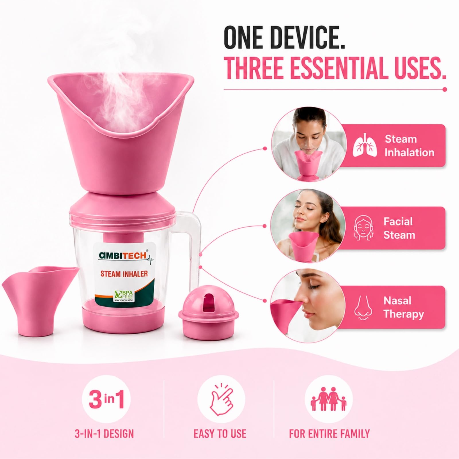 AmbiTech 3 in 1 Steamer with 1 Year Replacement Warranty Steam Inhaler Facial Vaporizer for Cold & Cough| Multi Colour 1