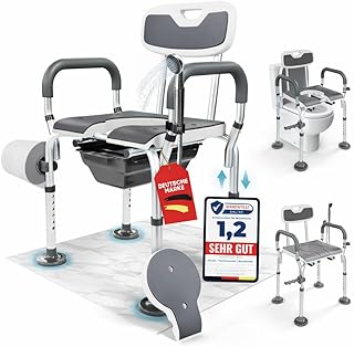 3-in-1 Toilettenstuhl, Toilettensitzerhöhung & Duschstuhl. Registriertes Medizinprodukt. Höhenverstellbar. Bis 136 kg. Rückenlehne & Armlehnen für Sicherheit. Aufstehhilfe. Entlastet Pflegende
