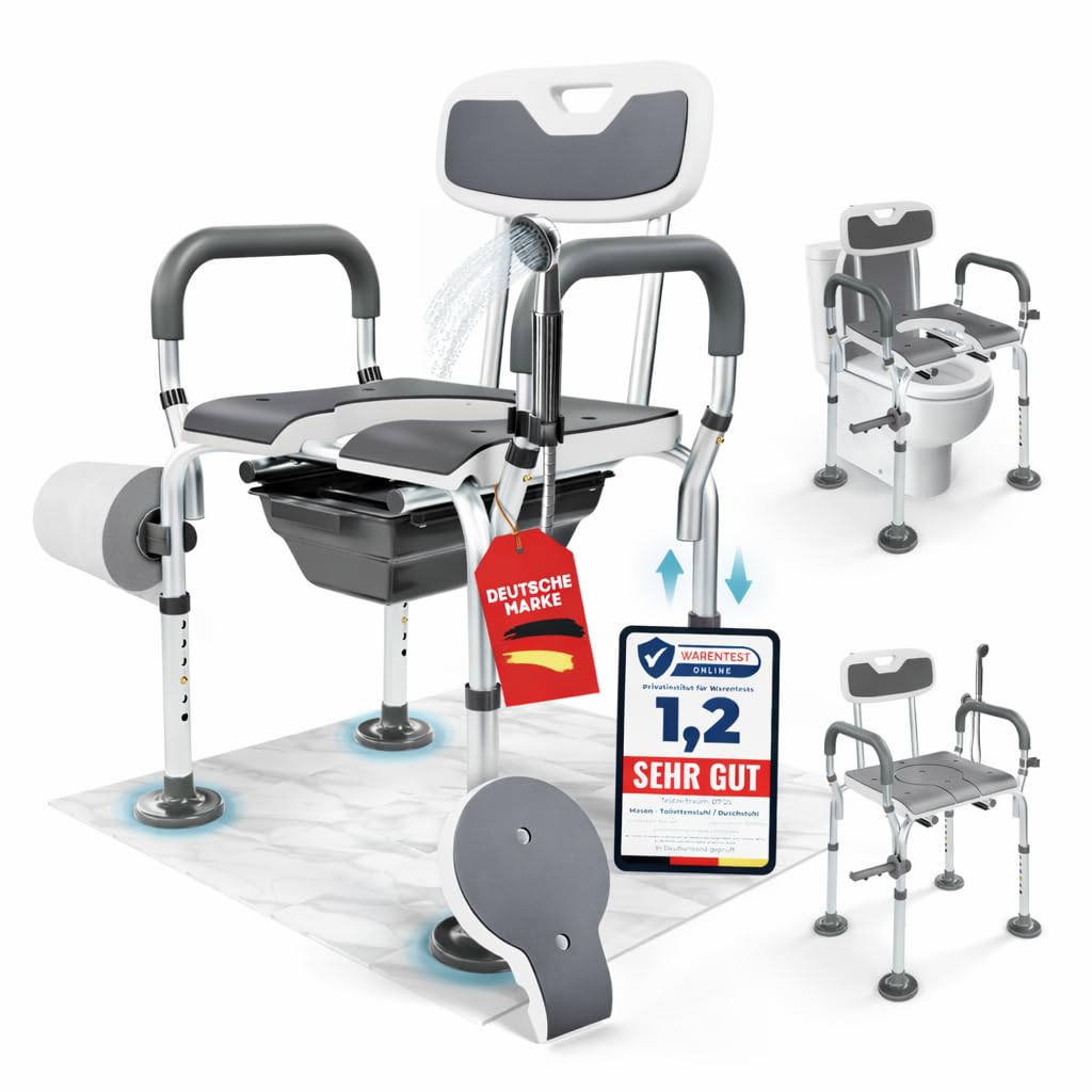 3-in-1 Toilettenstuhl, Toilettensitzerhöhung & Duschstuhl. Registriertes Medizinprodukt. Höhenverstellbar. Bis 136 kg. Rückenlehne & Armlehnen für Sicherheit. Aufstehhilfe. Entlastet Pflegende