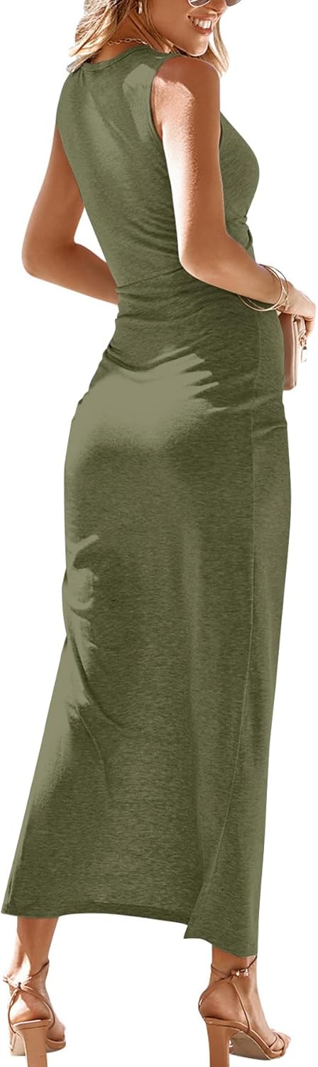 LYANER Women's Crew Neck Cut Out Twist Ribbed Knit Sleeveless Split Hem Bodycon Long Dress - Image 2