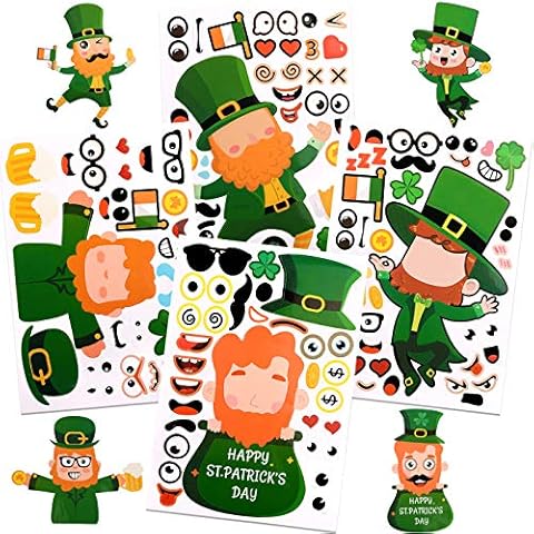 XIMISHOP 24 PCS Make A St Patrick's Fairy diy Stickers, Make Your Own St. Patrick’s Day Leprechauns Stickers for Child，Leprechaun, Horseshoe, A Pot of Gold, Rainbow, Gold Coin Pattern Elf DIY Sticker Cover