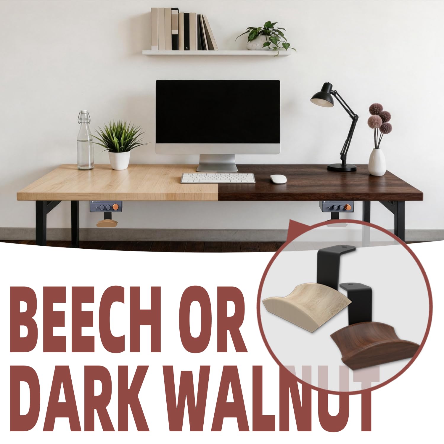 Supporto da scrivania per Fosi Audio BT20A Pro con gancio per cuffie in legno di faggio, staffa amplificatore in metallo per amplificatore stereo compatto, supporto organizer da scrivania, nero
