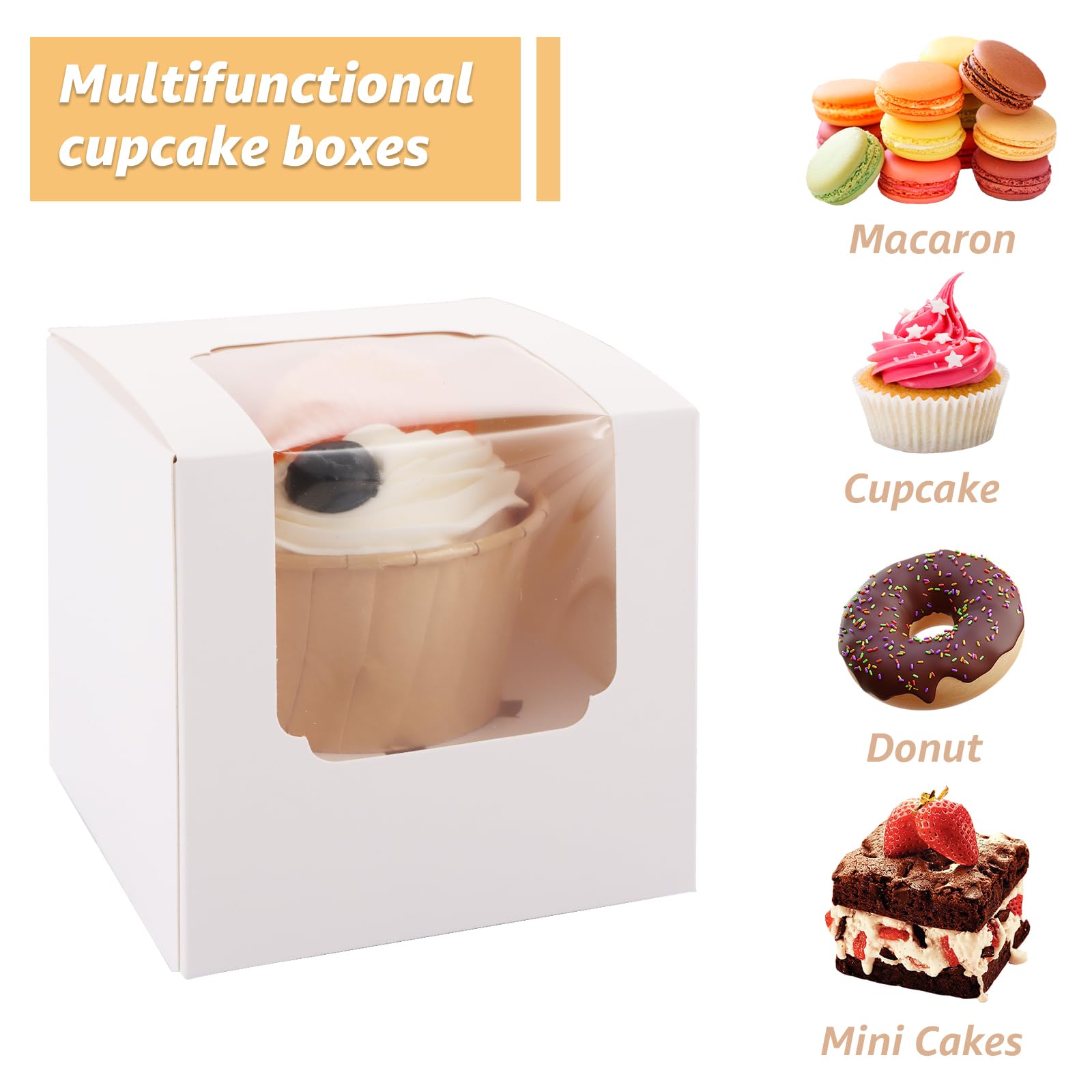 YOUNTHYE 100 cajas individuales para cupcakes, cajas blancas para cupcakes de papel kraft con ventana e insertos, cajas de cupcakes de 9 x 9 x 9 cm para fiestas infantiles, bodas, cumpleaños, Navidad