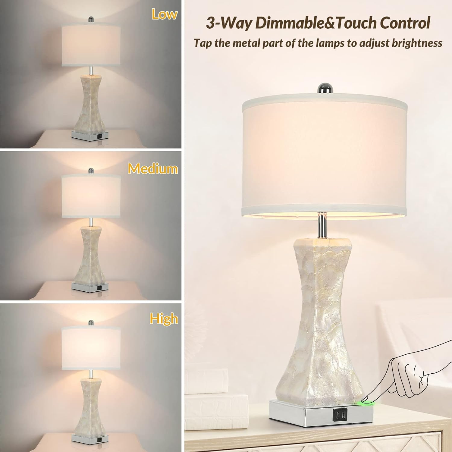 TOBUSA Set of 2 Touch Control Table Lamp, 23-inch Tall 3-Way Dimmable Bedside Nightstand Lamps with Dual USB Ports for Bedroom Living Room, Capiz Shell Coastal Lamp, Warm White LED Bulb Included