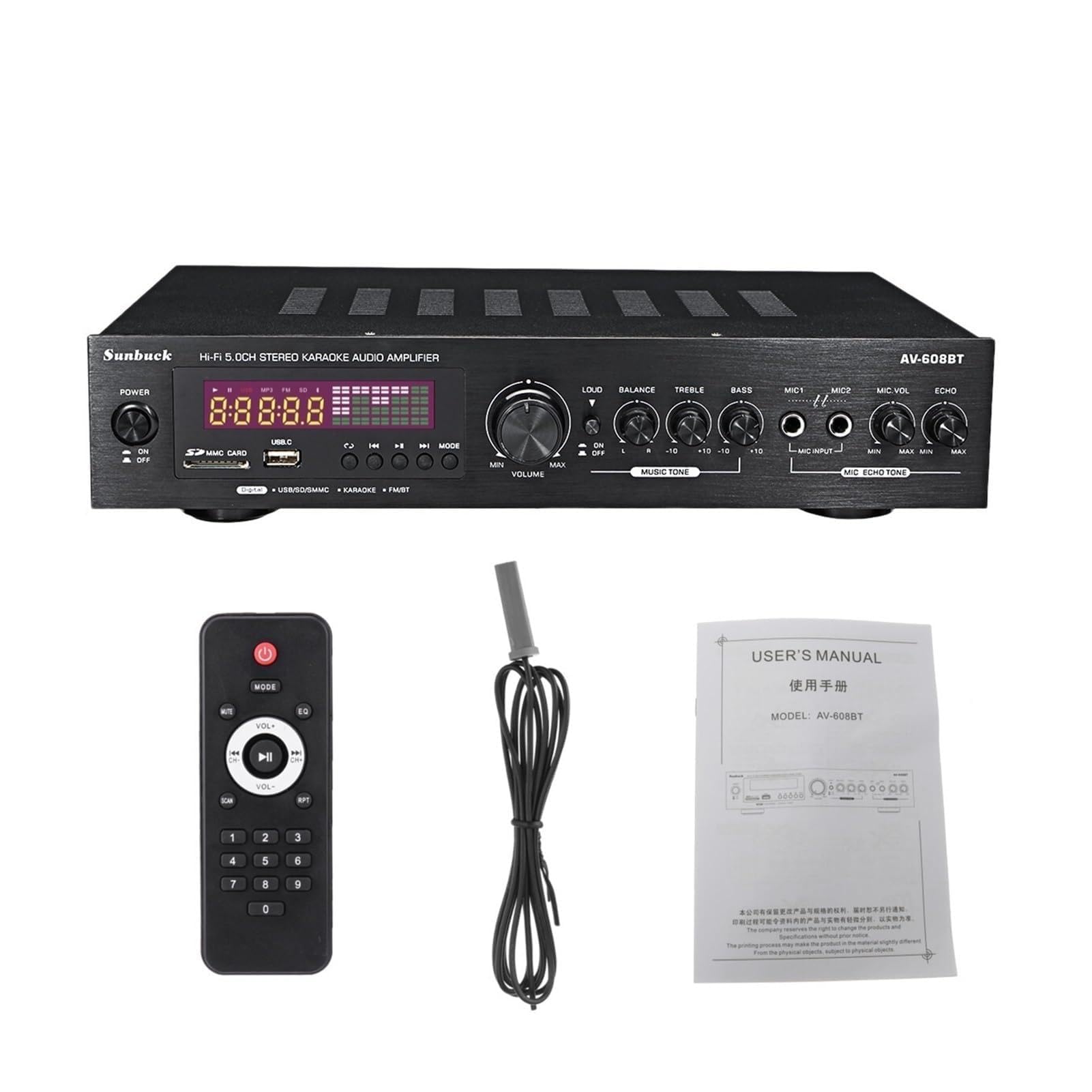 1200W Wzmacniacz Bluetooth 2CH HIFI Moc dźwięku stereo AMP USB FM Radio samochodowe kina domowego z pilotem(608BT black US)