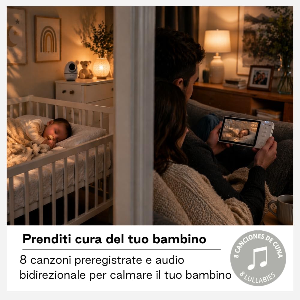 Jané Eye Pro Baby Monitor, Baby Monitor con Telecamera Rotante, Inclinazione Motorizzata, Display da 5”, Audio Bidirezionale, Visione Notturna, con Musica, Basso Consumo