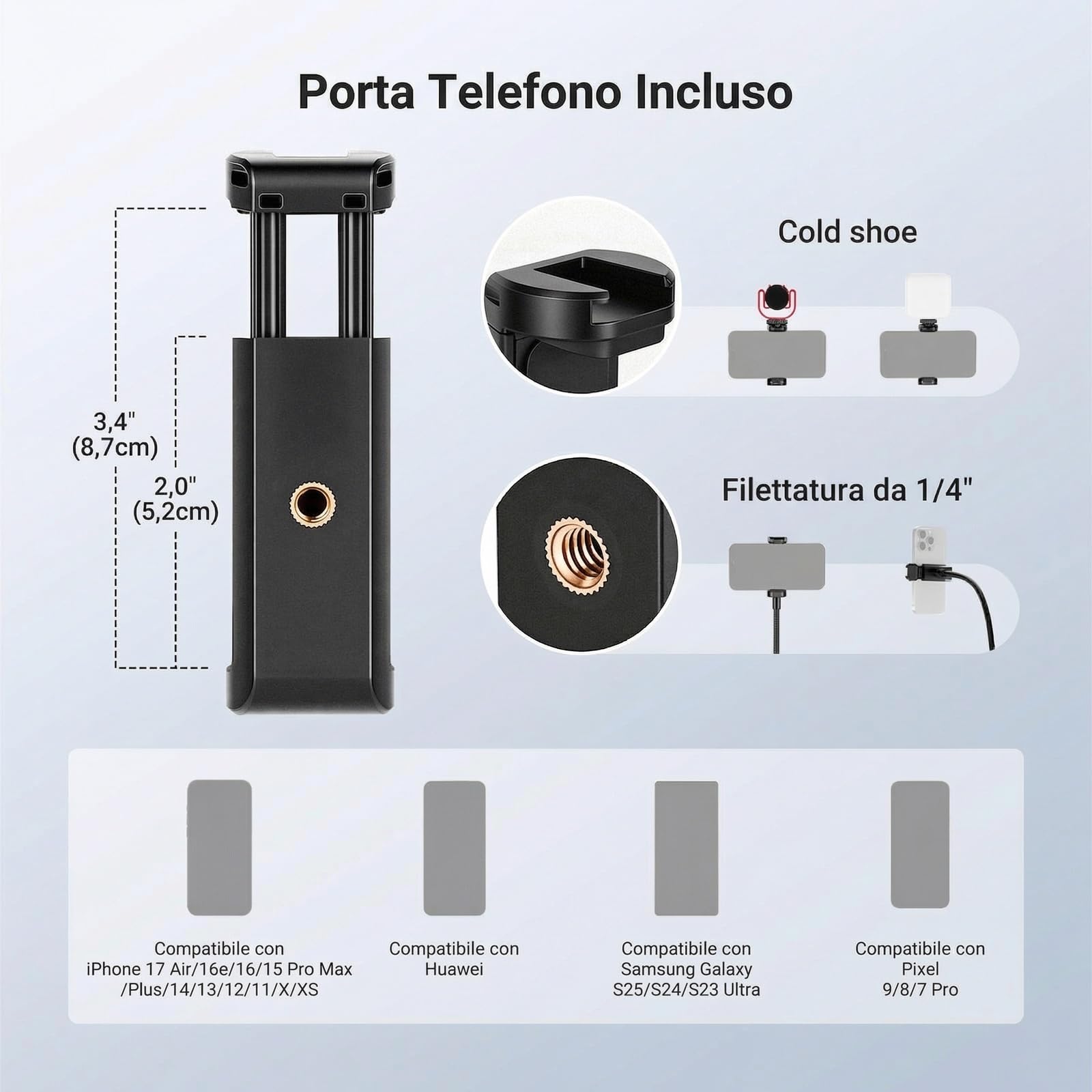 NEEWER BASICS Cavalletto Treppiede Smartphone con Due Bracci Flessibili, Clip Porta Cellulare Regolabile Alluminio per Tavolo Ufficio Comodino Compatibile con iPhone Samsung Android per Video, ST015