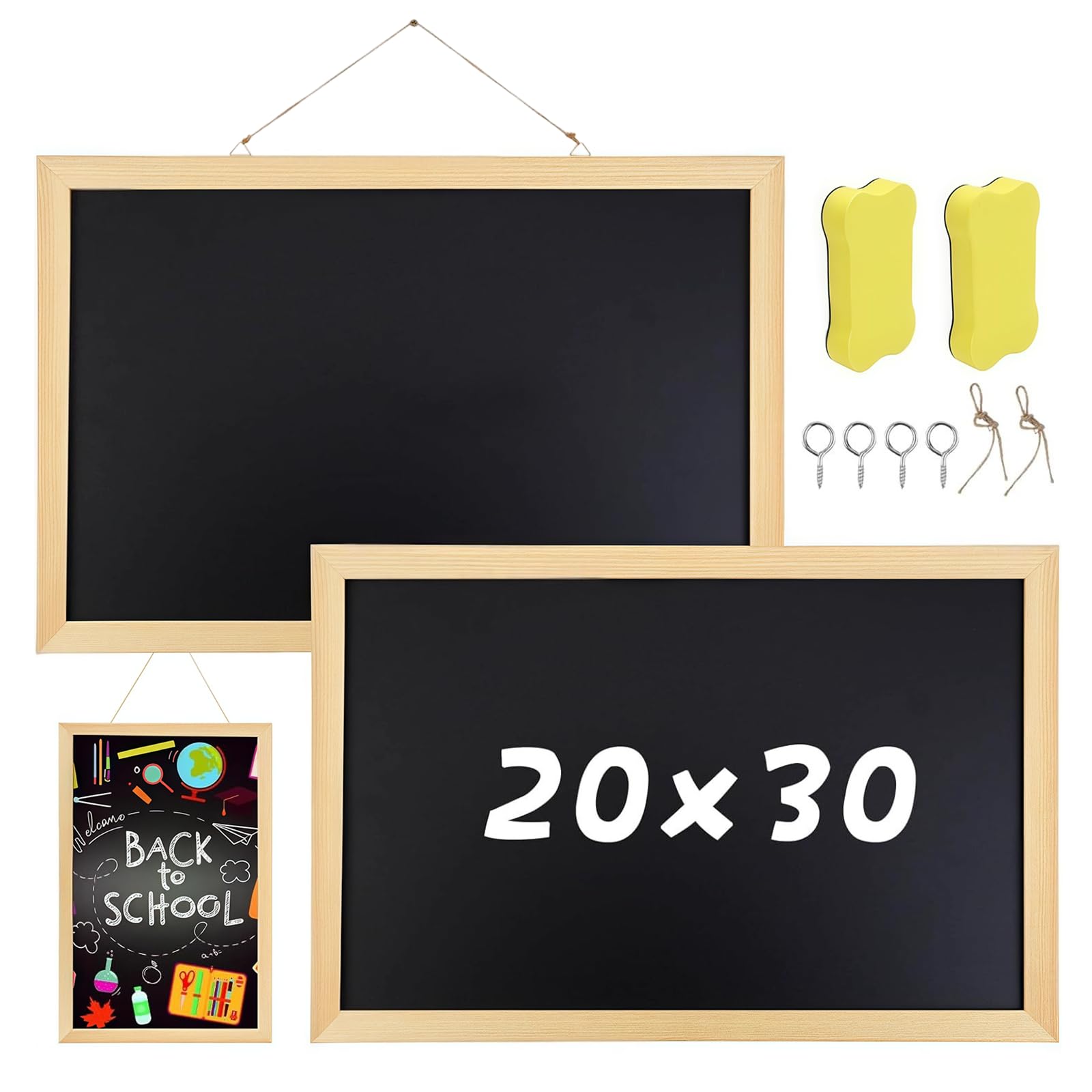 2 Stück Kreidetafel zum Aufhängen, 20 x 30cm Kreidetafel mit Holzrahmen mit 2 Tafelwischer, 2 Umhängeband, 4 Schrauben, KreidetafelKinder für Zuhause Schule Küche Büro