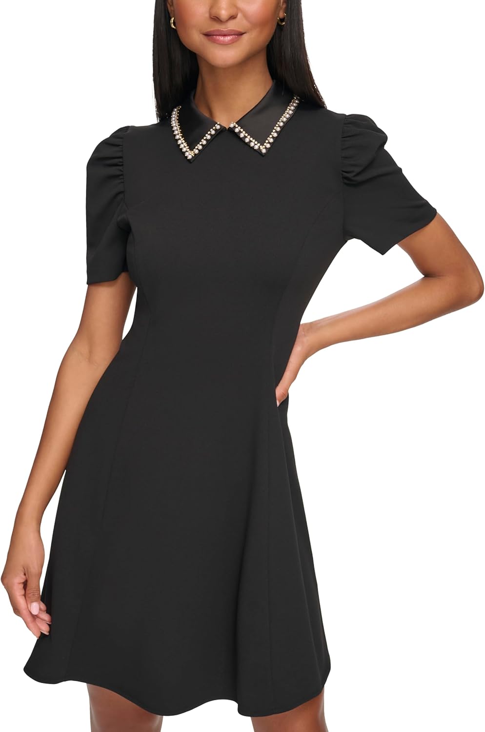 Karl Lagerfeld Womens Short Puff Sleeve Embellished Collar Scuba Crepe A-line Mini Dress
