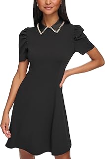 KARL LAGERFELD Womens Short Puff Sleeve Embellished Collar Scuba Crepe A-line Mini Dress