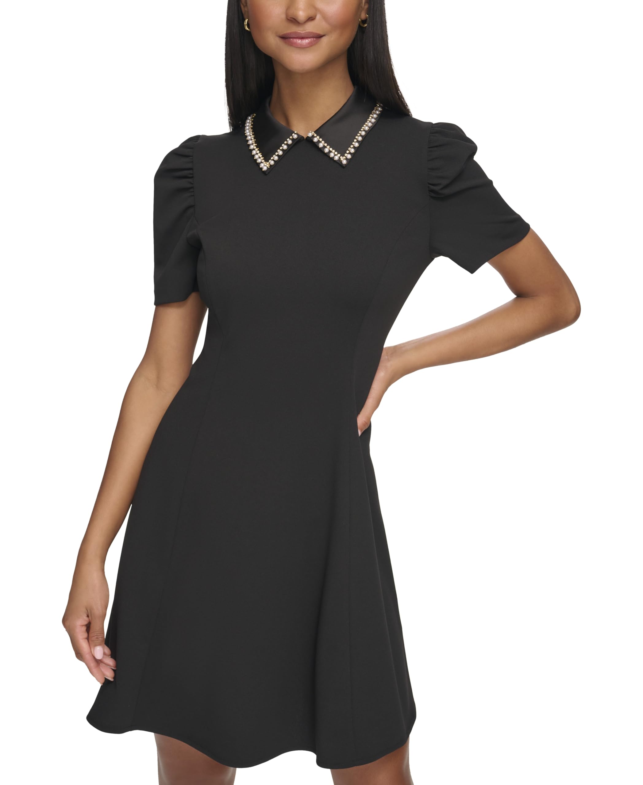 Karl Lagerfeld Women's Short Puff Sleeve Embellished Collar A-line Mini Dress