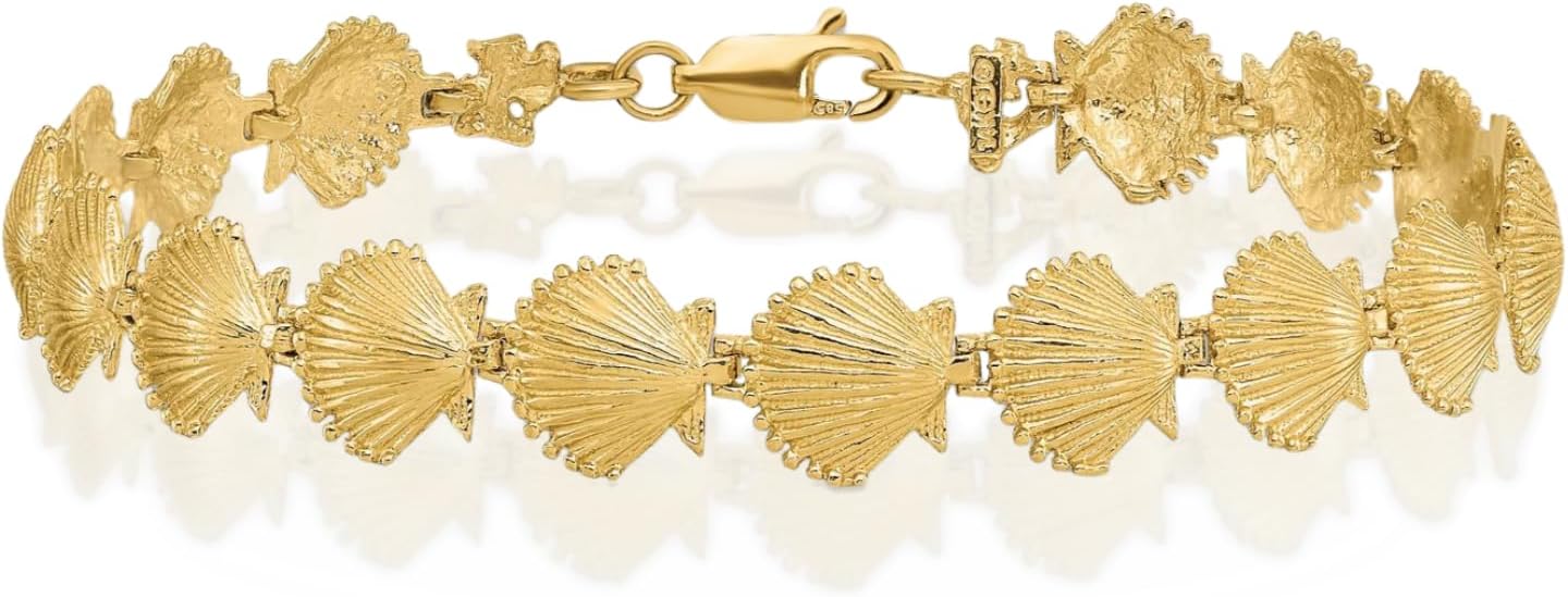 IceCarats 14K Solid Yellow Gold 8.8mm Chunky Link Chain Scallop Shell Charm Bracelet 7.25 inch Polished, Textured For Her