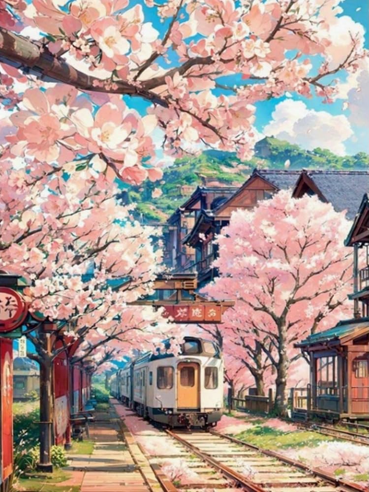 Wihgkin Cross Stitch Kits for Adults 11CT Printed Cross-Stitch Kit Cherry Blossom City Train DIY Beginner Stamped Embroidery Kits Wall Art Home Decoration （16x20 Inch）