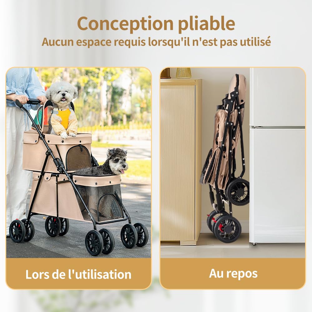 2 Livelli 3 in 1 Passeggino Pieghevole per Cane Gatto 2 Borse Staccabili Finestra in Mesh Ruote con Freni, Cuscini Rimovibili, Carrello da Viaggio per Cani Gatti