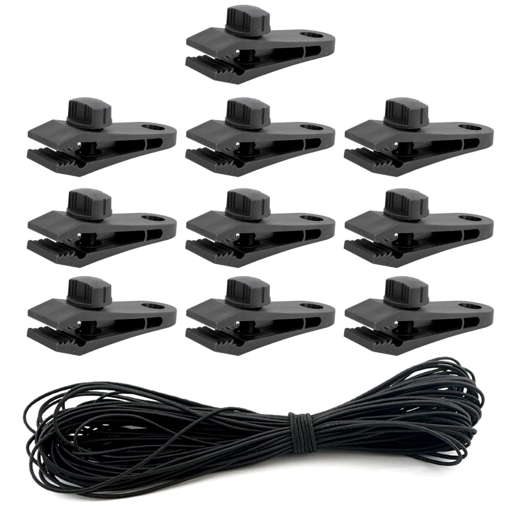 Soladirect Black Tarpaulin Clips And Bungee Cord, Heavy Duty Tarp Clips Crocodile Mouth Tent Clips Multipurpose With Tighten Lock Grip Thumb Screw And 10 M / 32 Ft Elastic Rope (Pack Of 10 Clips)