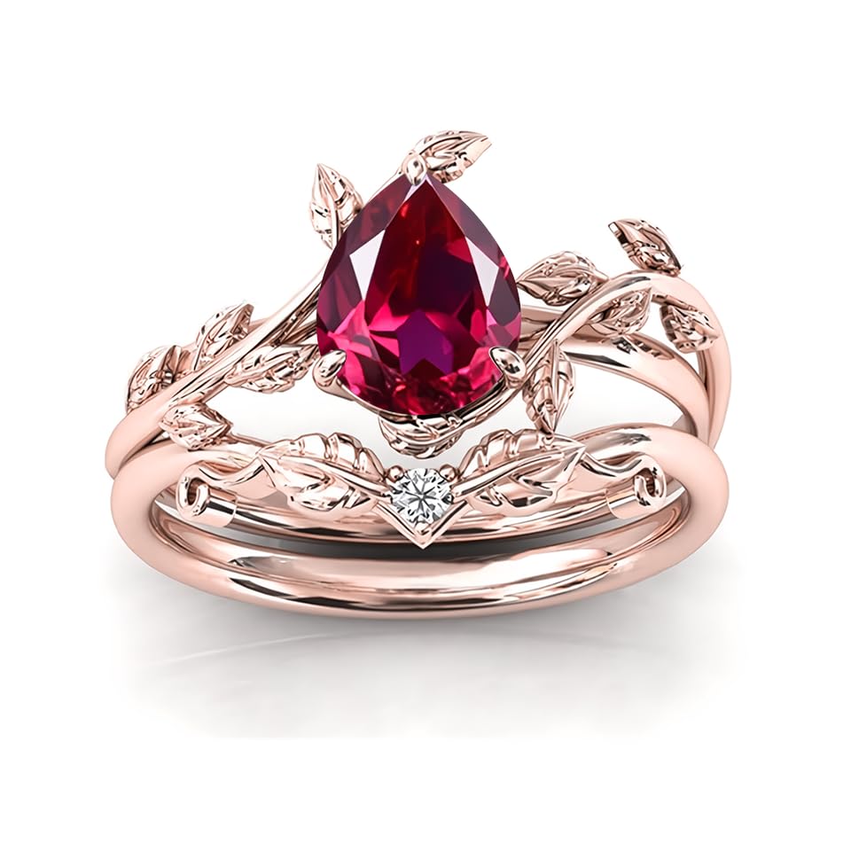 Pear Shaped Gemstone Engagement Ring for Women Art Deco Vine Leaf Gemstone Wedding Ring Bridal Sets Engagement Ring Set Anniversary Promise Ring